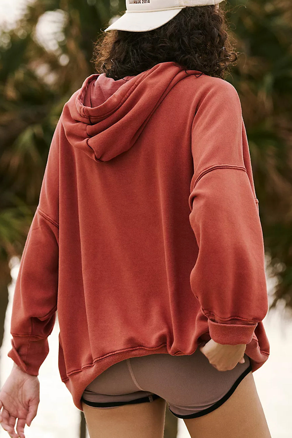 Drop Shoulder Pocketed Baggy Drawstring Hoodie | Red Clay