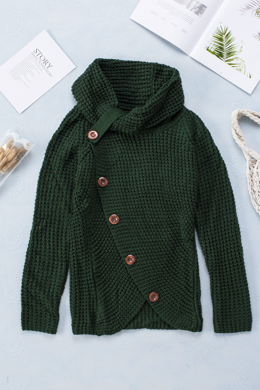 Olive Buttoned Wrap Turtleneck Sweater | Green