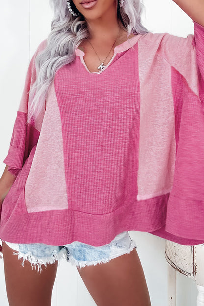 Textured Colourblock 3/4 Sleeve Oversize Top | Bright Pink