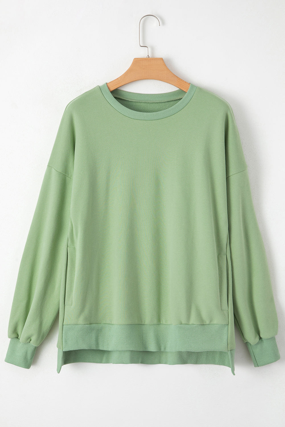 Solid Fleece Lined Drop Shoulder High Low Sweatshirt | Grass Green