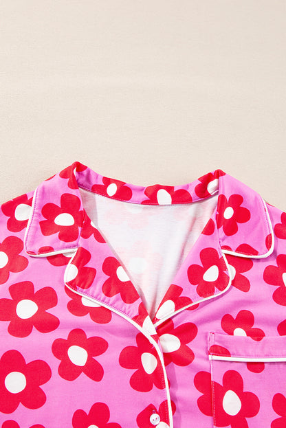 Flower Print Long Sleeve Shirt Shorts Pajamas Set | Pink