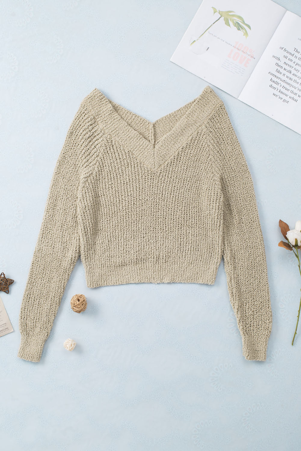 Cropped V Neck Fuzzy Sweater | Apricot