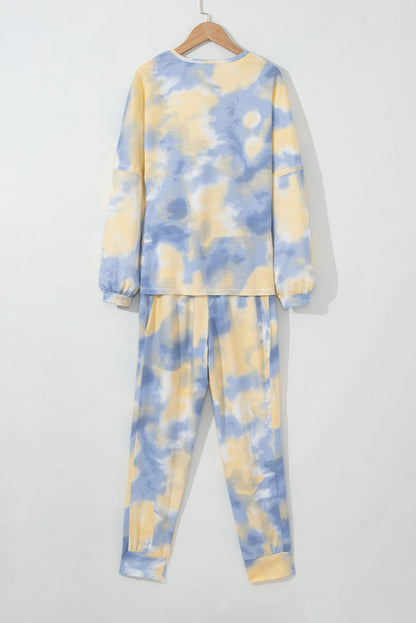 Tie Dye Henley Top And Drawstring Pants Outfit | Multicolour