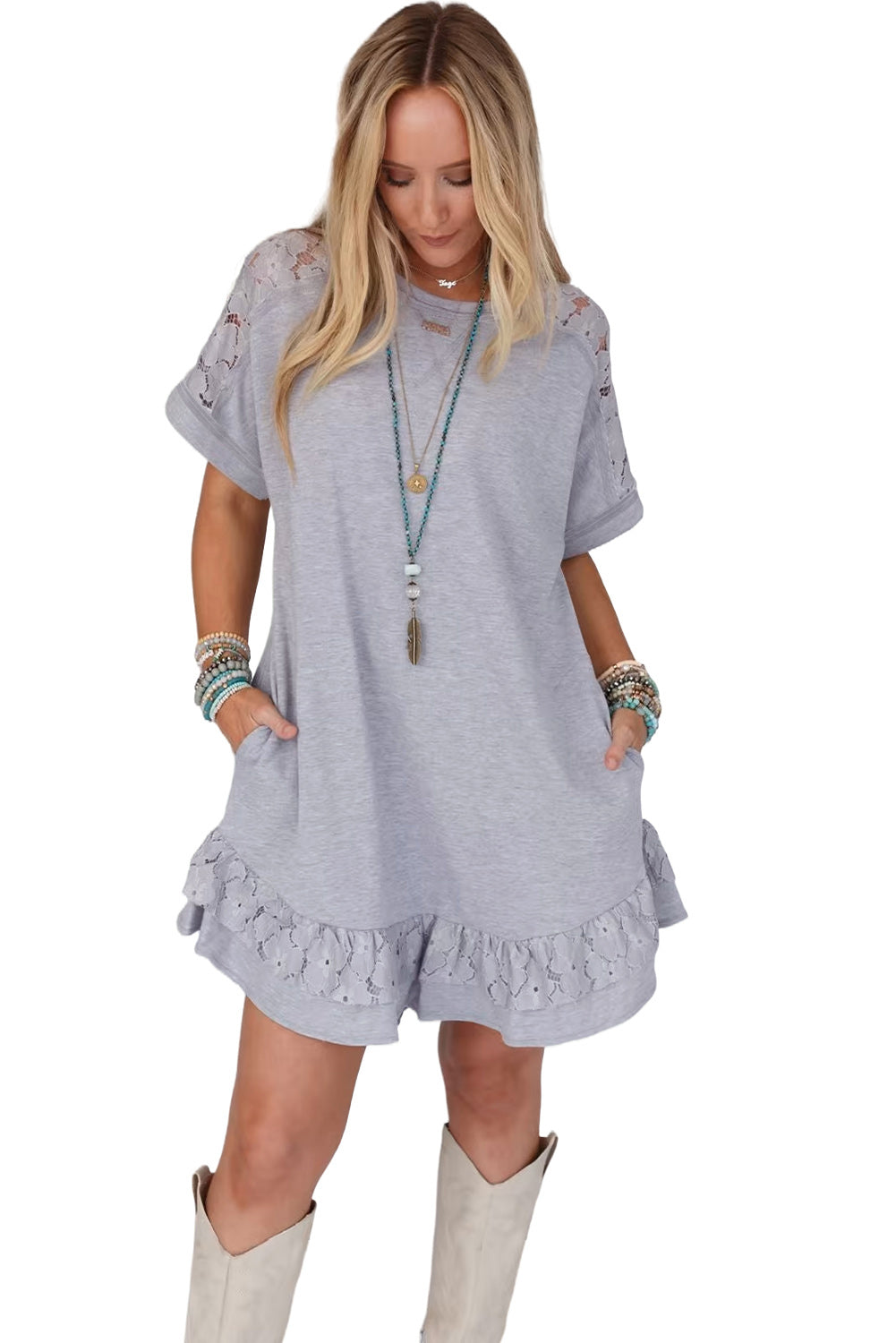 Lace Floral Patchwork Ruffled T-Shirt Dress | Light Grey