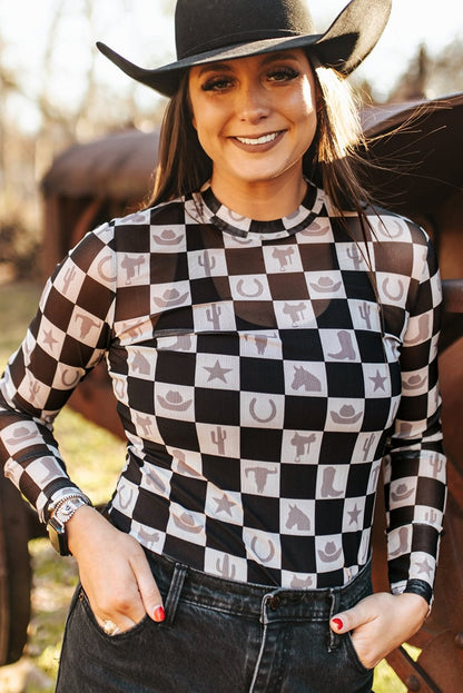 Checkerboard Western Elements Printed Mesh Long Sleeve Top | Black