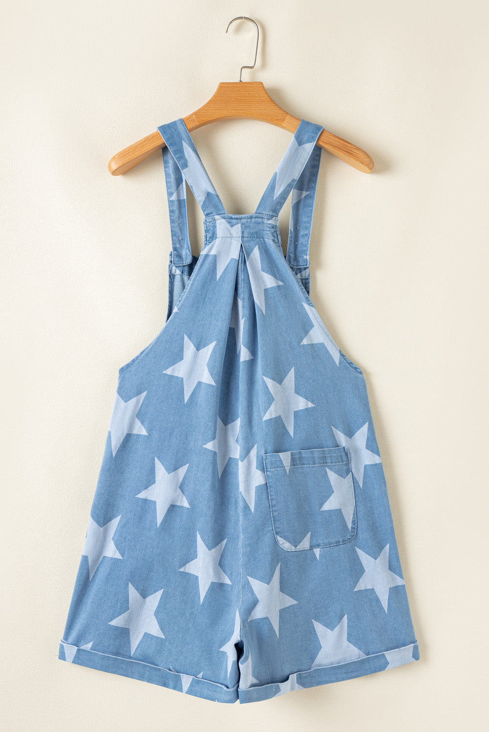 Star Printed Buttoned Straps Pocketed Denim Romper | Light Blue