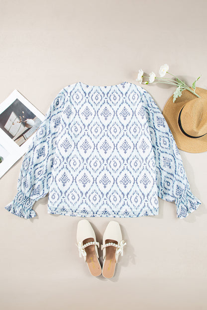 Geometric Print Shirred Puff Sleeve V Neck Blouse | Sky Blue