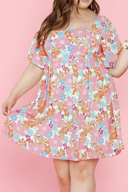 Floral Puff Sleeve Square Neck Plus Babydoll Dress | Multicolour