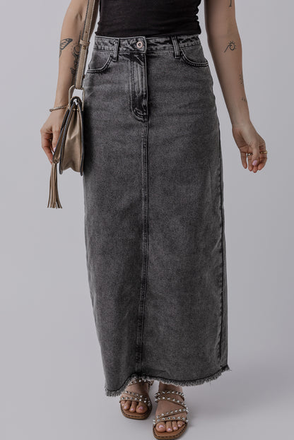 Denim Raw Hem Back Split High Waist Long Skirt | Dark Grey