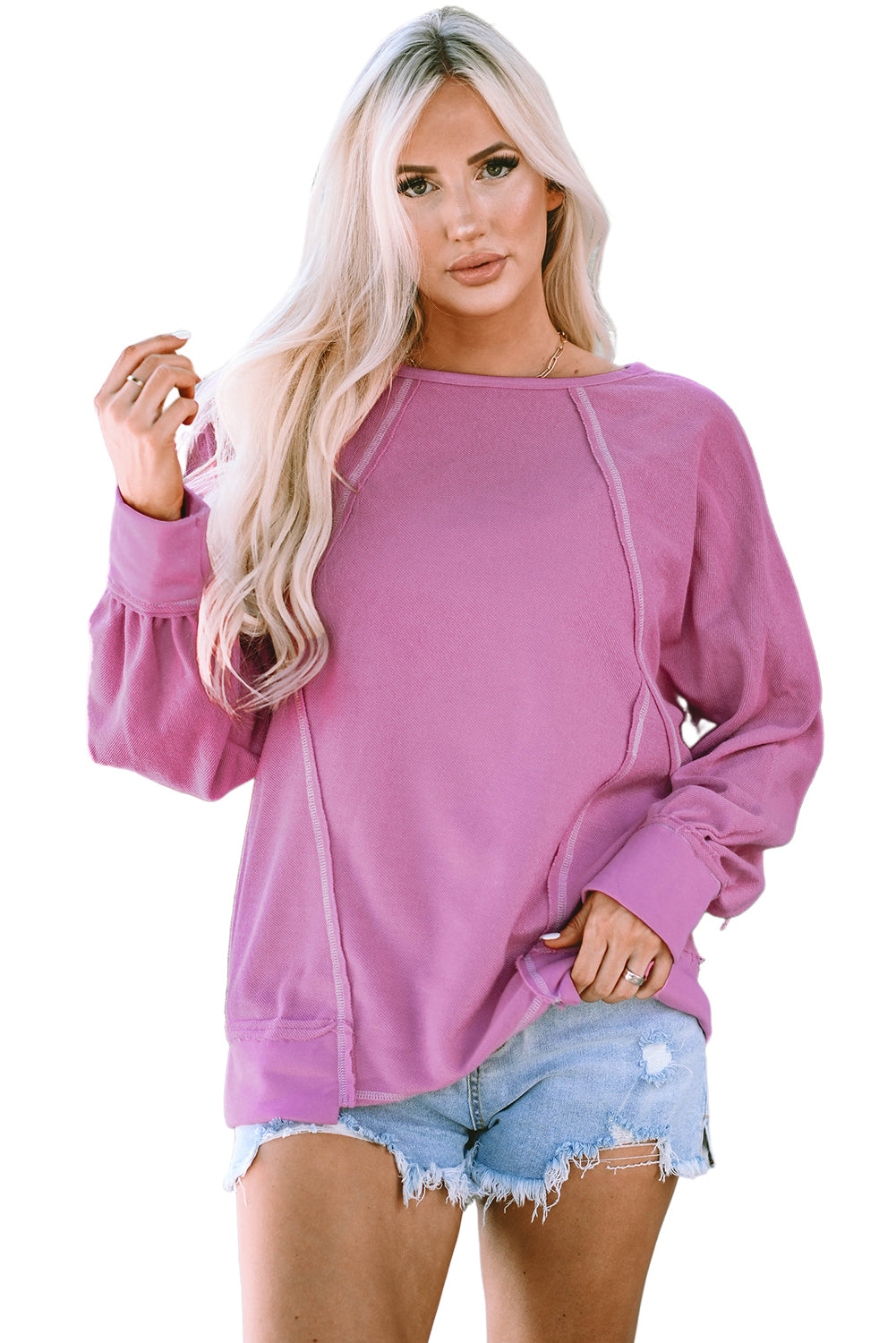 Exposed Seam Round Neck Terry Pullover | Pink