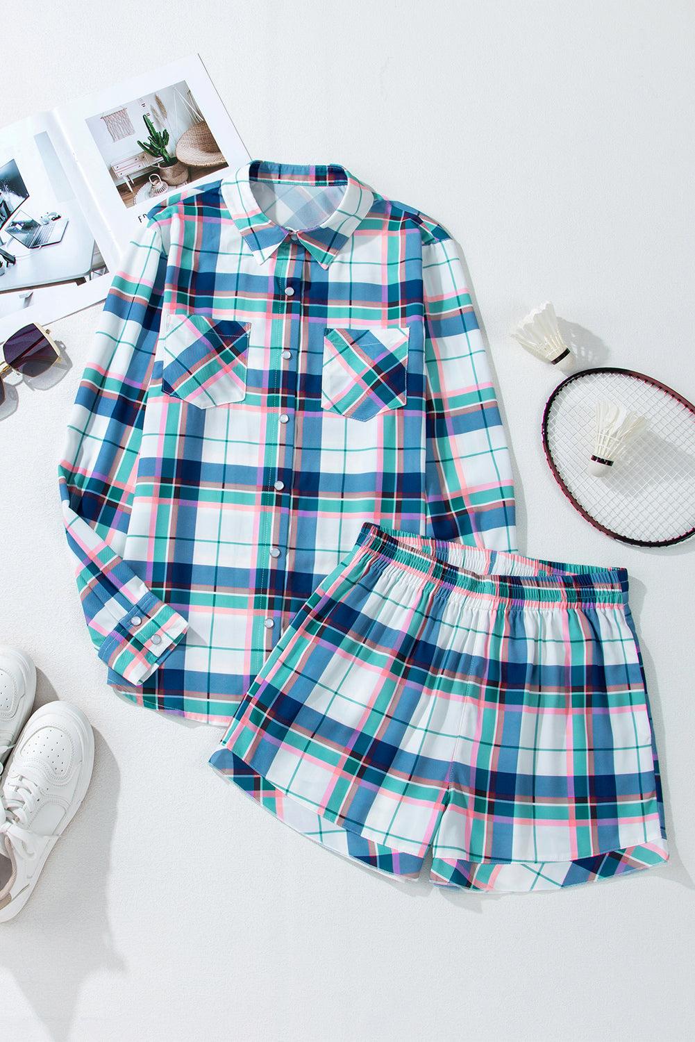 Plaid Print Shirt And Shorts 2Pcs Lounge Set | Blue