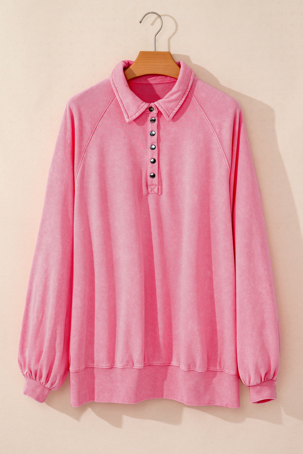 Solid Snap Buttons Collared Balloon Sleeve Oversized Sweatshirt | Pink