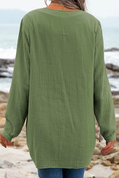 Casual Pleated V Neck Textured Loose Top | Green