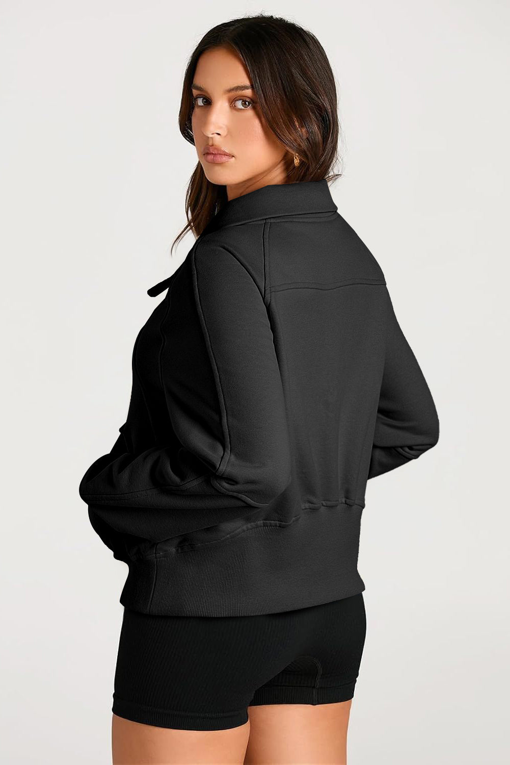 Quarter Zip Stand Neck Kangaroo Pocket Sweatshirt | Black