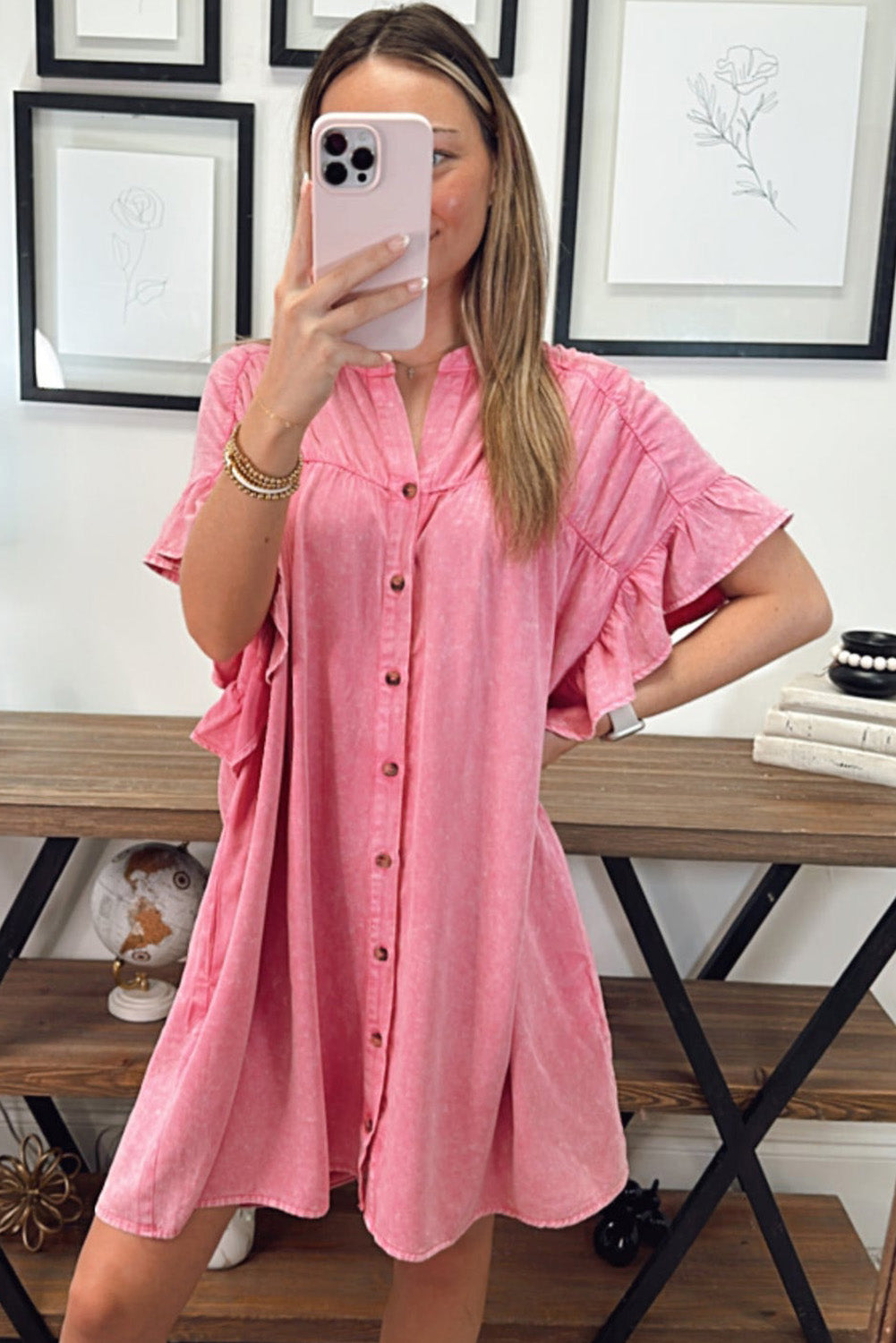 Ruffled Short Sleeve Buttoned Denim Mini Dress | Pink