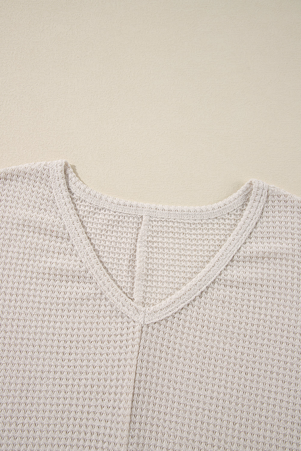 Waffle Knit Side Slits Loose Fit V Neck Top | White