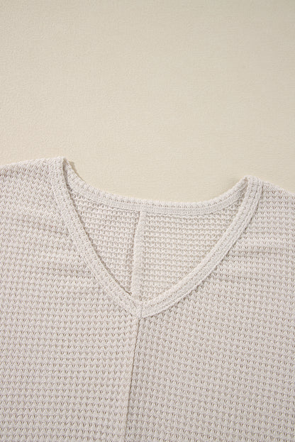 Waffle Knit Side Slits Loose Fit V Neck Top | White