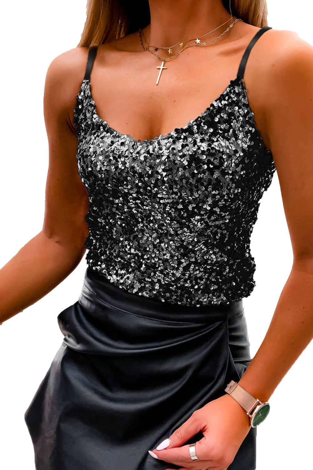 Sequined Adjustable Spaghetti Straps Tank Top | Black