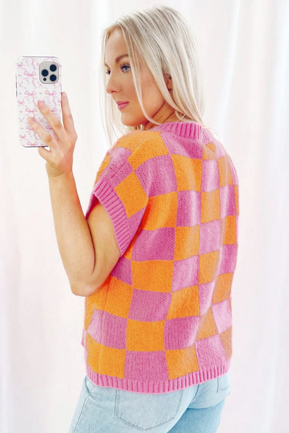 Colourblock Plaid Pattern Ribbed Trim Sweater Tank Top | Strawberry Pink