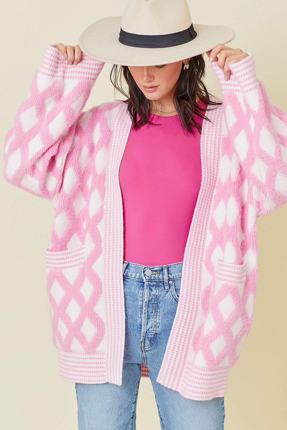 Rhombus Pattern Knit Open Front Pocketed Cardigans | Pink