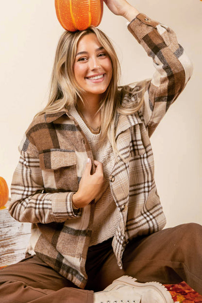 Flannel Plaid Double Flap Pocket Shacket | Light French Beige