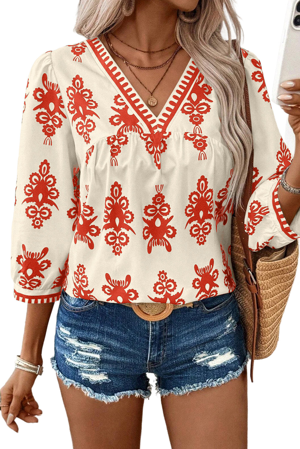 Vintage Geometric Printed 3/4 Sleeve V Neck Blouse | Orange