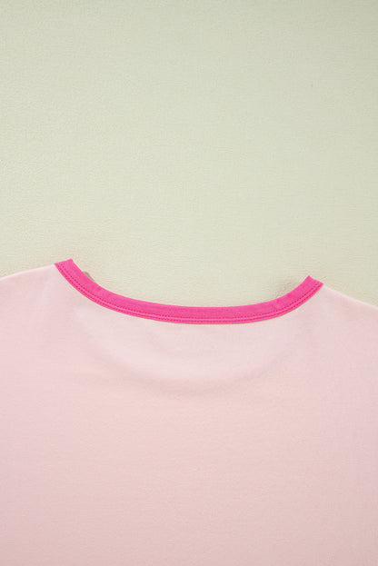 Colour Block Stitching Sleeve Round Neck Oversize Top | Pink