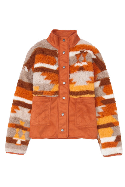 Quilted Patch Pockets Aztec Furry Jacket | Brown