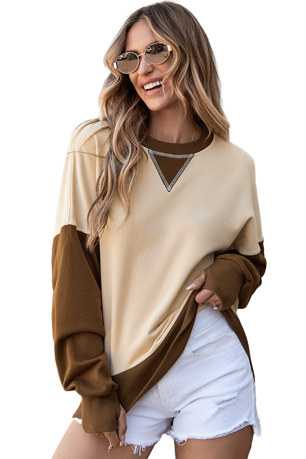 Colour Block Thumbhole Sleeve Drop Shoulder Sweatshirt | Apricot