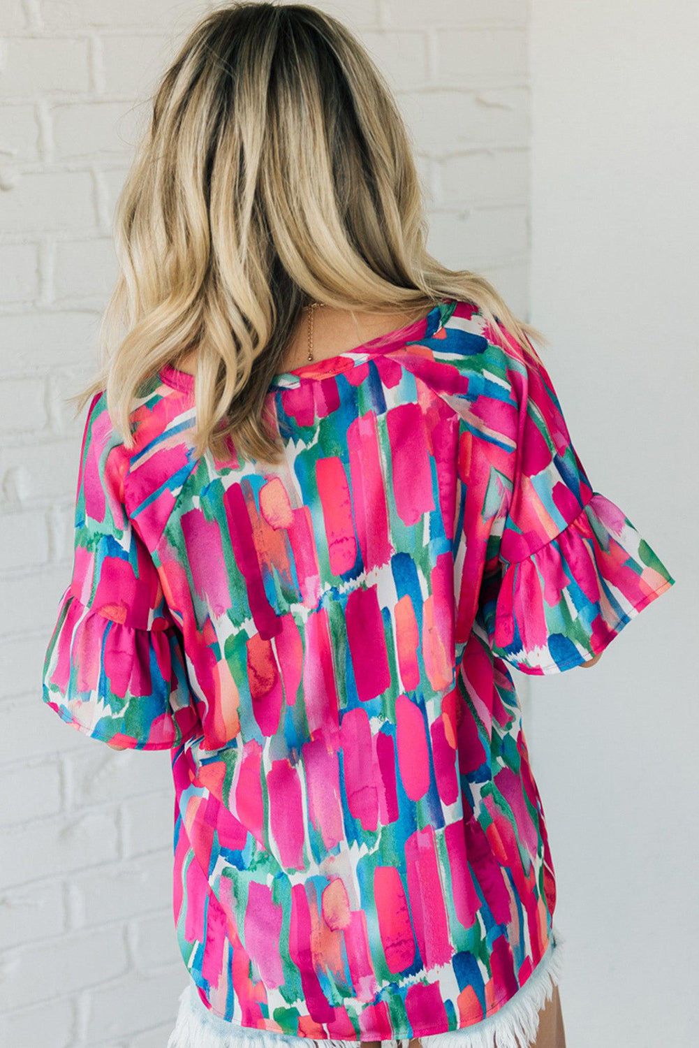 Abstract Brushwork Print Buttoned V Neck Blouse | Rose