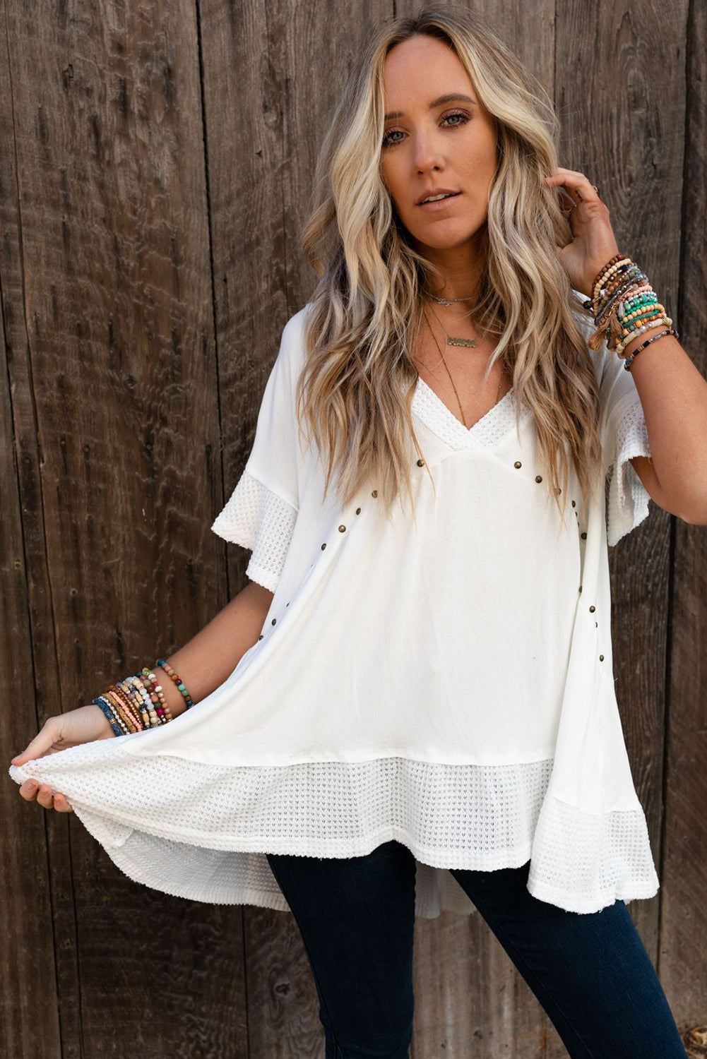 Contrast Knit Splicing V Neck Studded Blouse | White