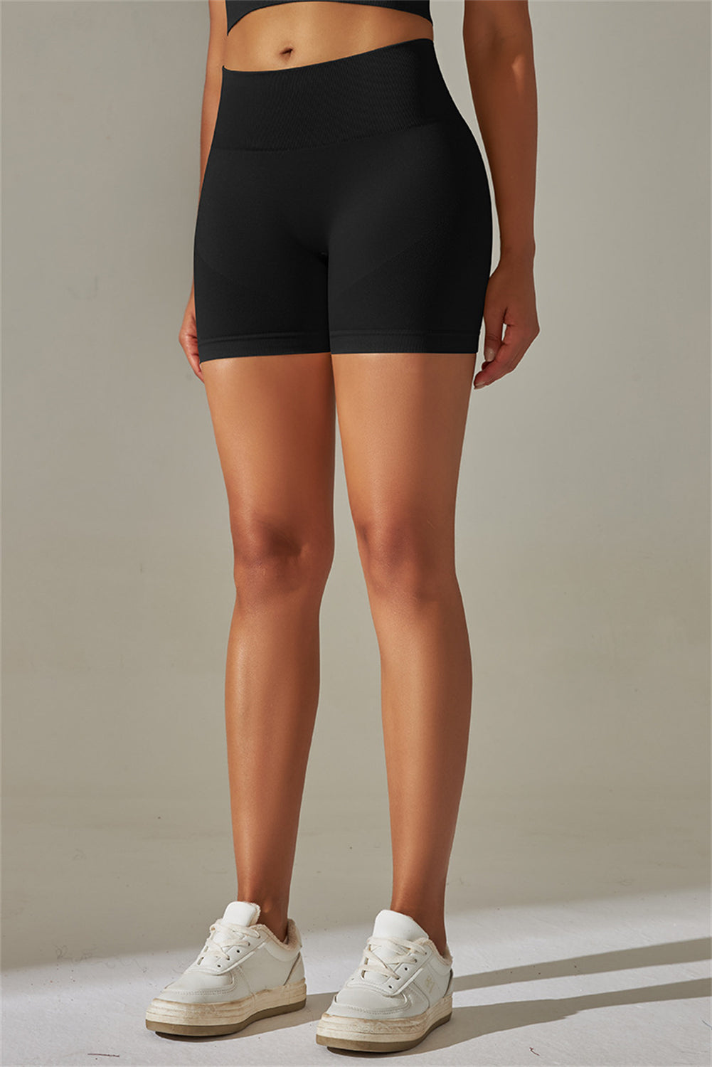 Black Solid Color High Waist Tummy Control Active Shorts