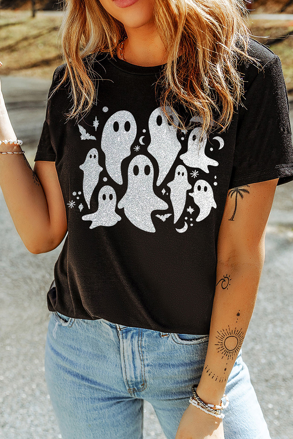 Halloween Glitter Ghost Pattern Crew Neck T Shirt | Black