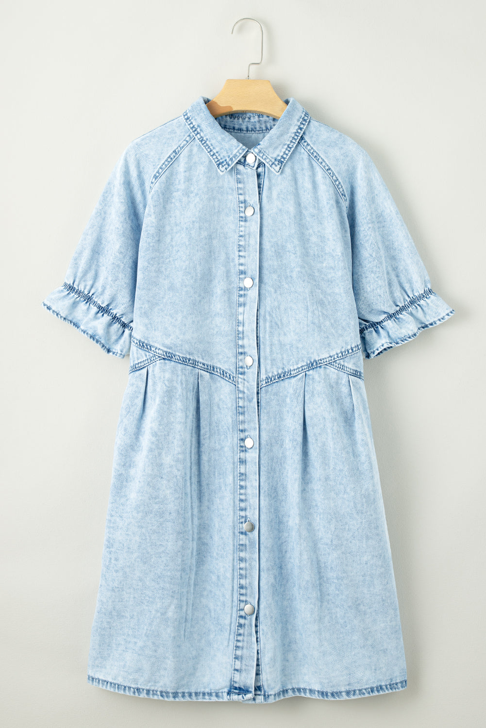 Mineral Wash Ruffled Short Sleeve Buttoned Denim Dress | Beau Blue