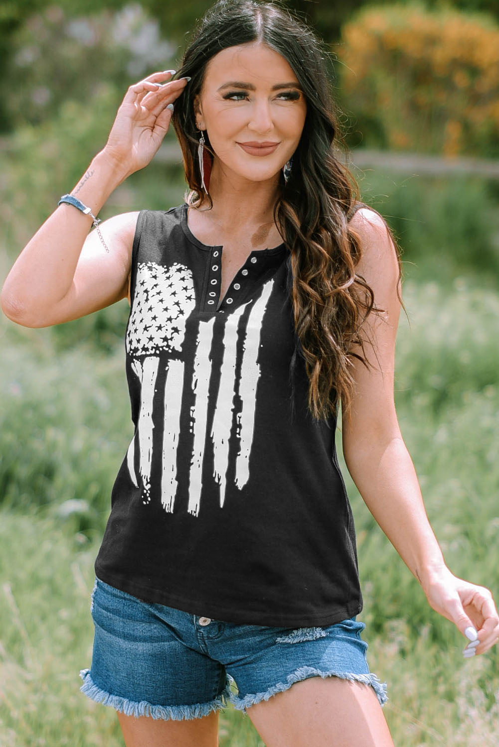 Usa Flag Graphic Split V Neck Tank Top | Black