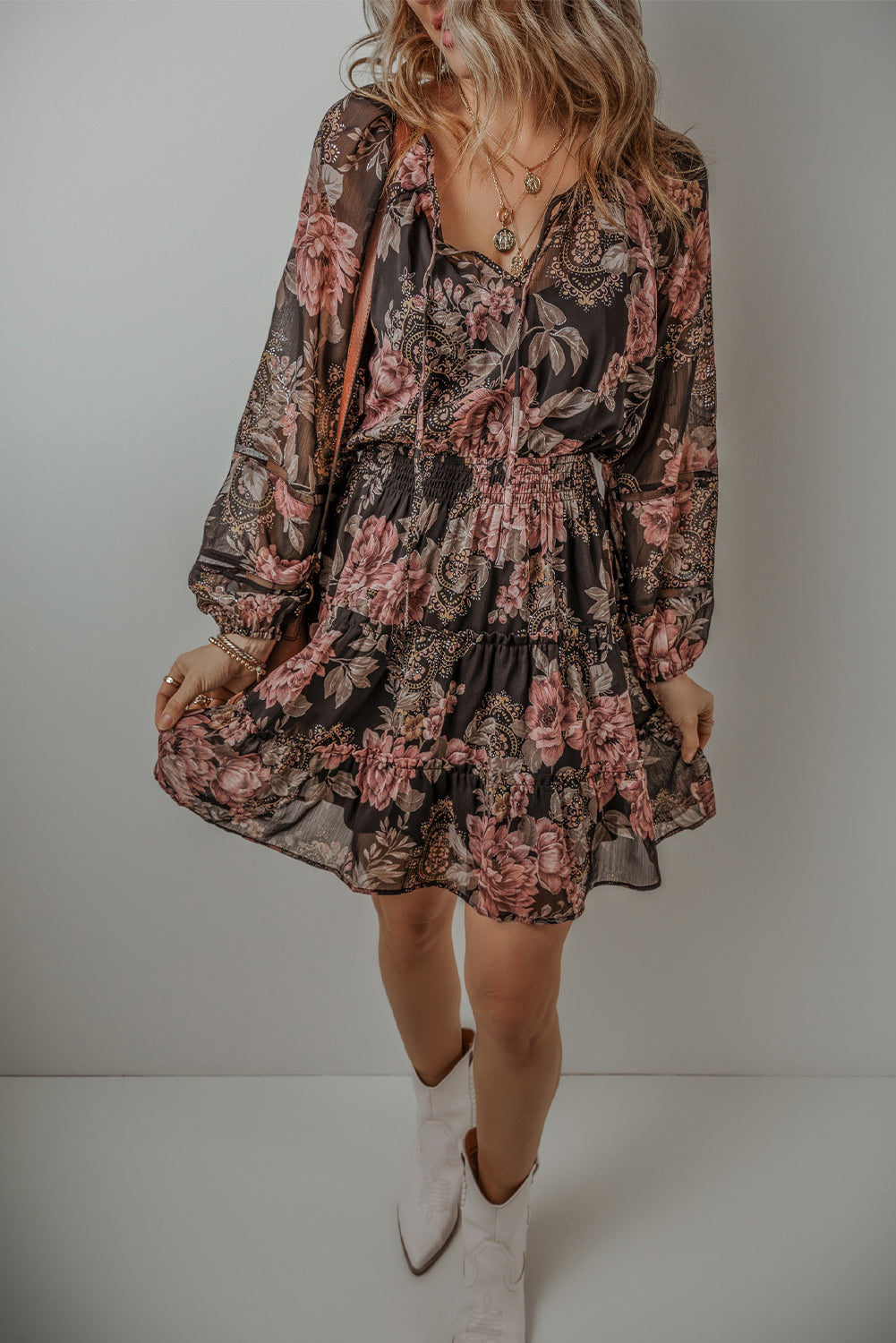 Vintage Floral Puff Sleeve V Neck Smock Waist Dress | Black