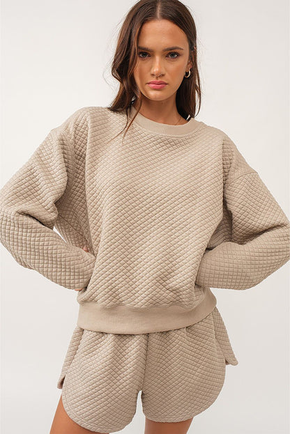 Solid Colour Quilted Long Sleeve Top And Shorts Set | Parchment