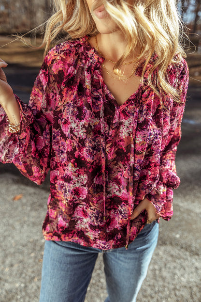 Floral Allover Print Drawstring Ruffled V Neck Loose Blouse | Rose Red