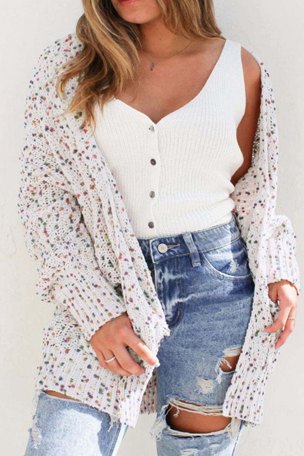 Confetti Rib Knit Long Sleeve Cardigan | White