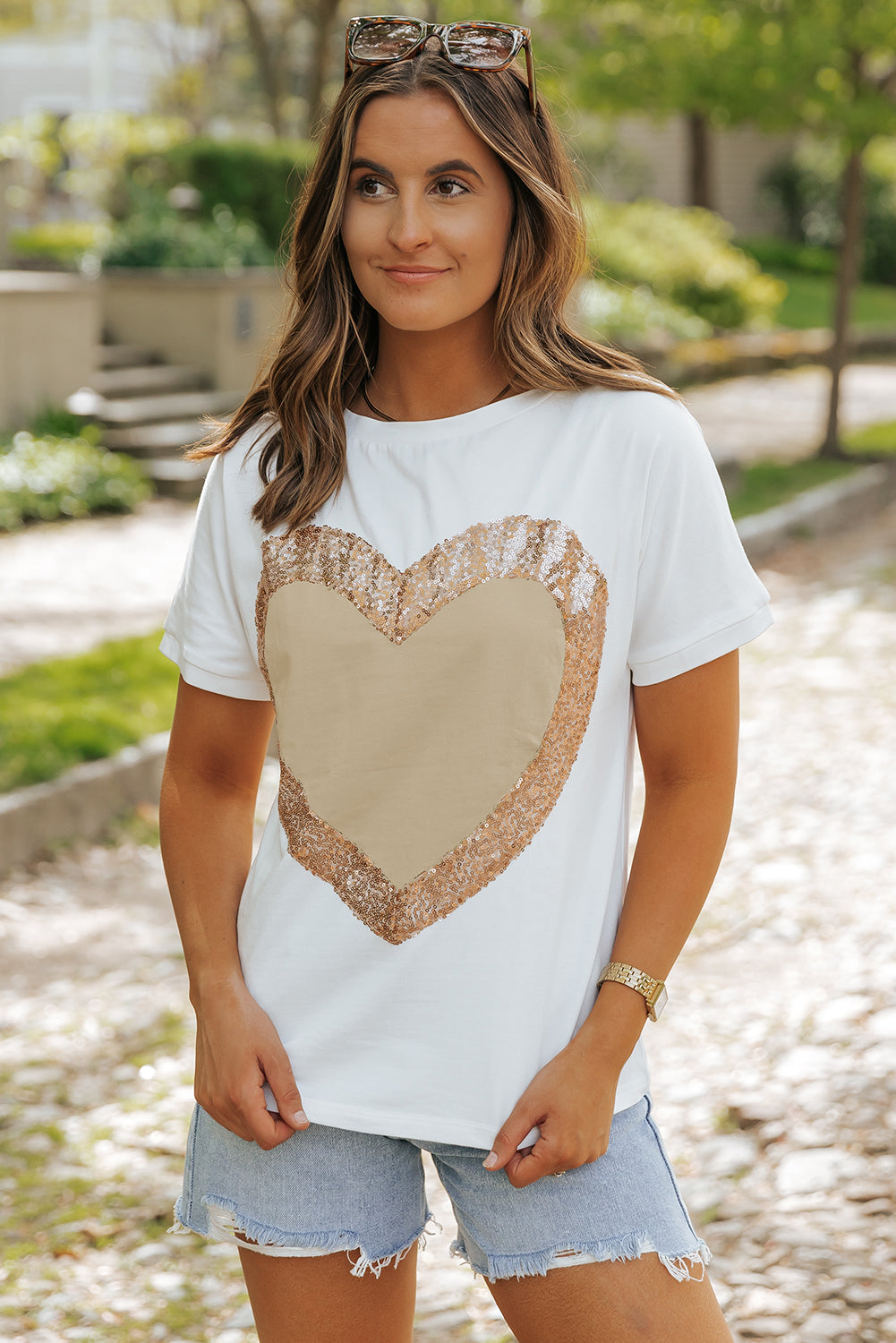 Valentine'S Day Sequined Heart Crew Neck Short Sleeve Top | White