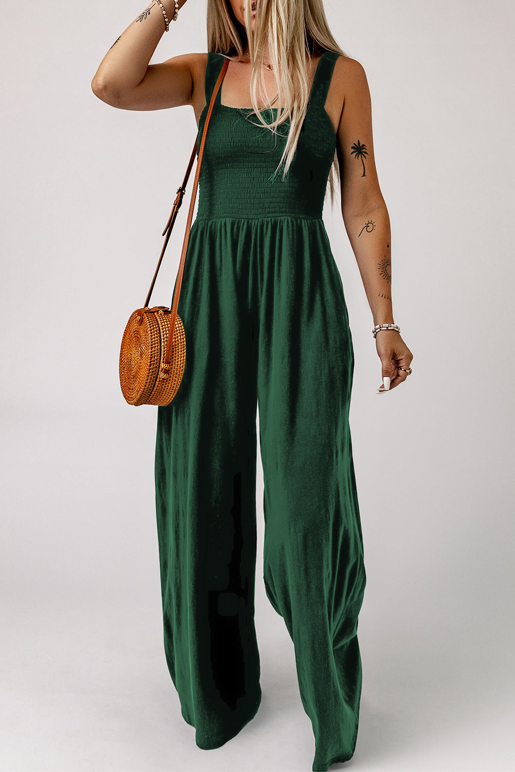 Smocked Sleeveless Wide Leg Jumpsuit With Pockets | Green