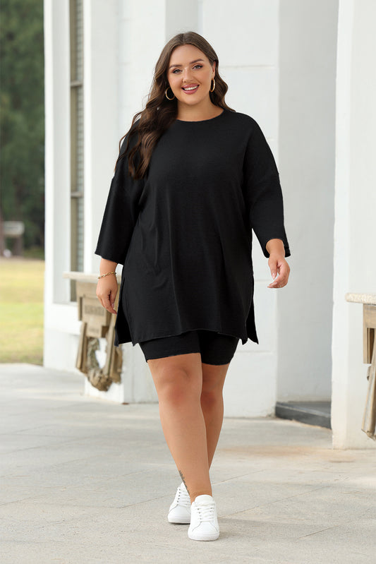 Colour Black Solid Colour Loose Tunic Top And Slim Shorts Set | Colour black