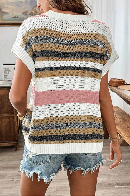 Colour Block Eyelet Knit Short Sleeve Sweater Tee | Pink Stripe