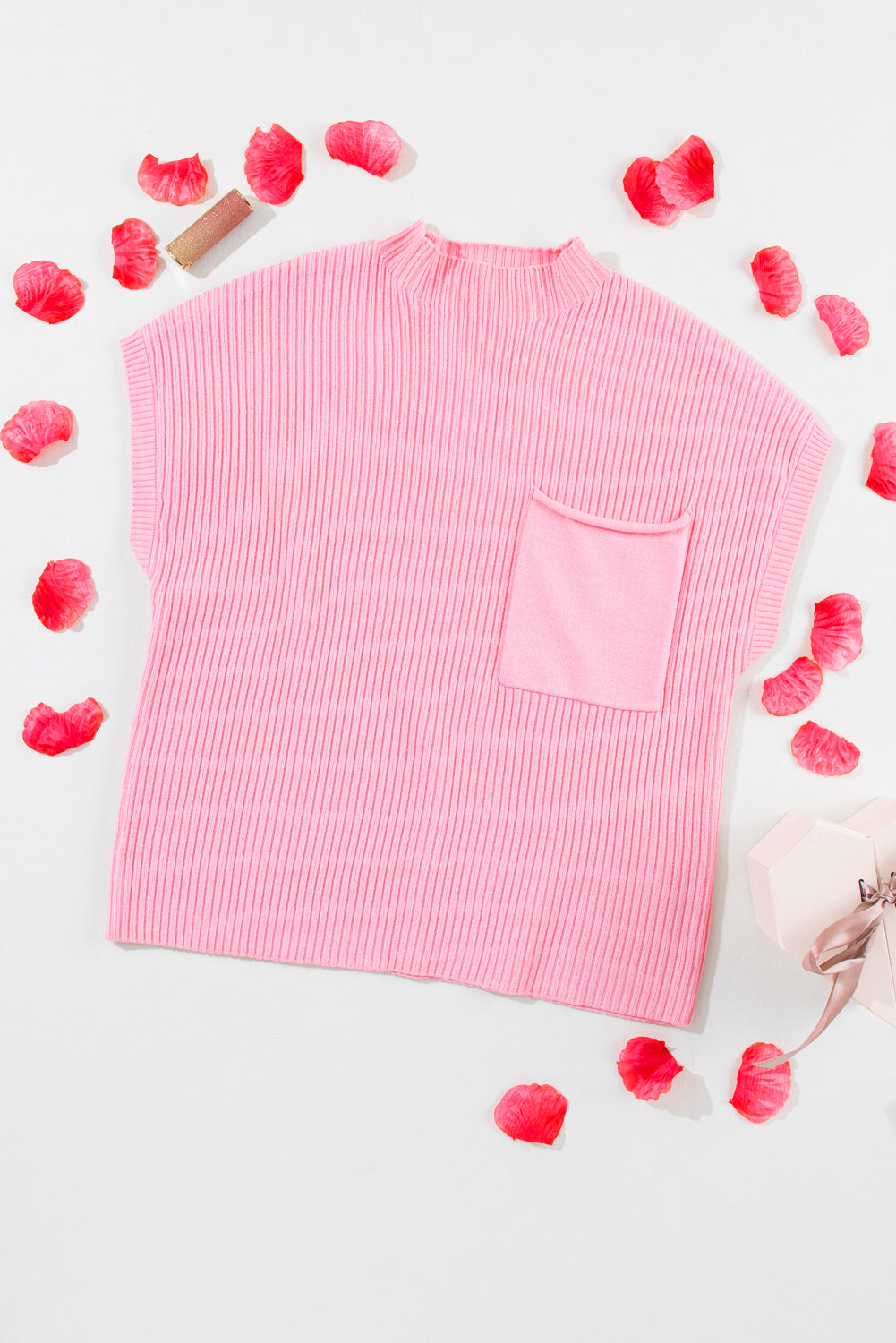 Patch Pocket Ribbed Knit Short Sleeve Sweater | Pink