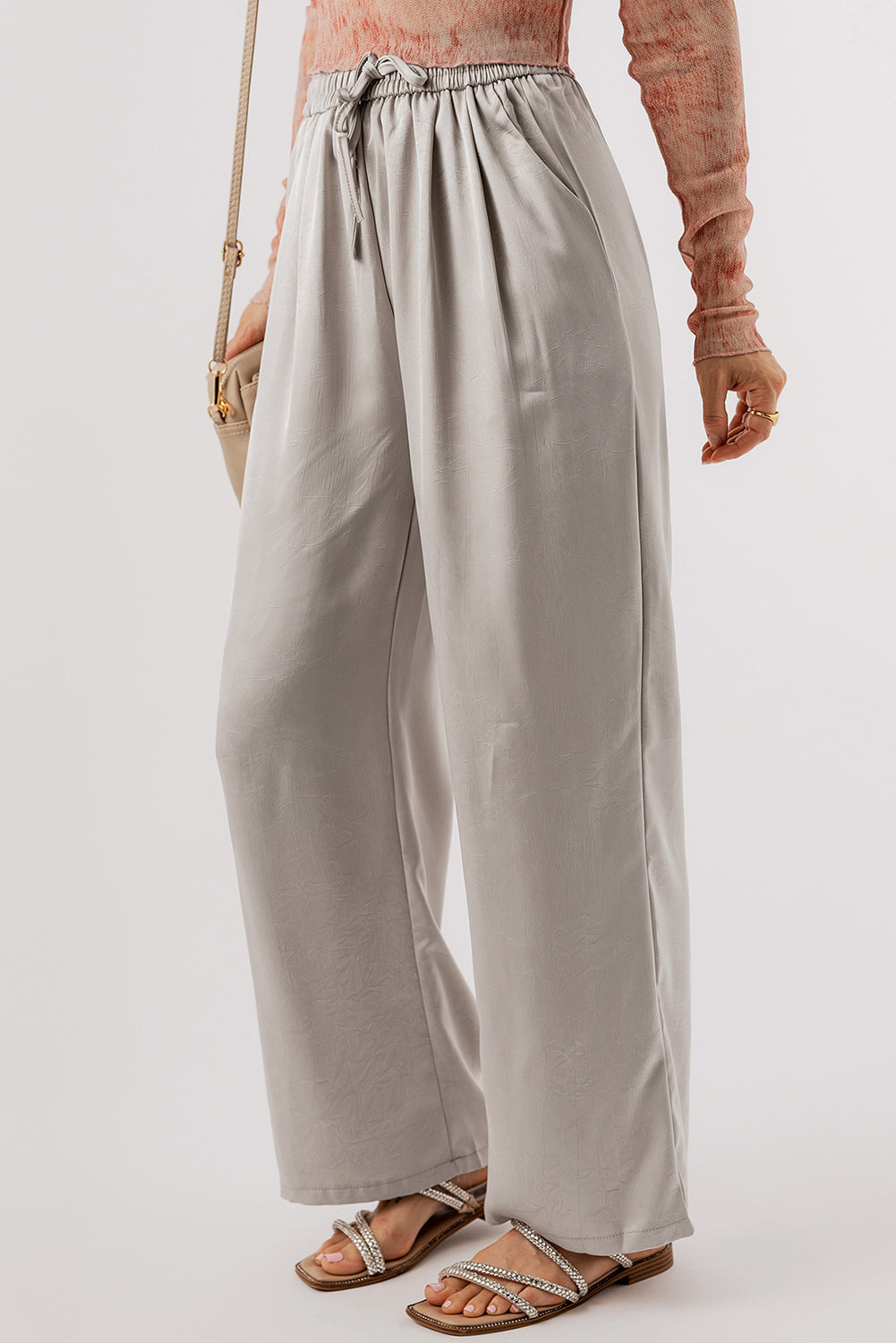 Solid Pleated Lace-Up High Waist Wide Leg Pants | Jet Stream