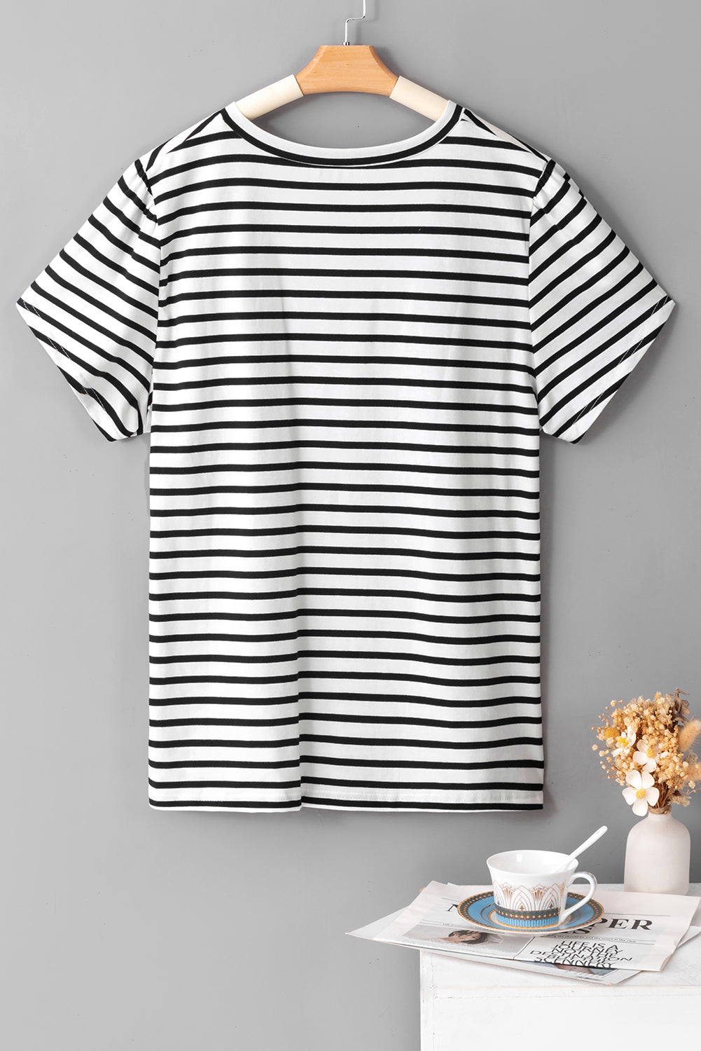 V Neck Petal Sleeve Plus Size T-Shirt | White Stripe