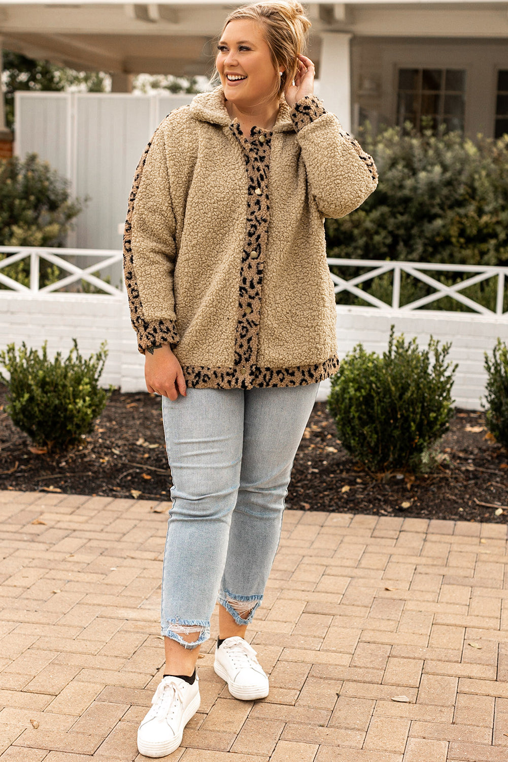 Plus Size Leopard Trim Button Up Sherpa Jacket | Khaki