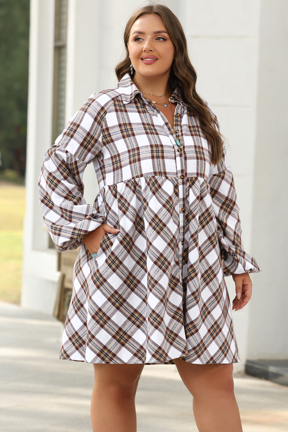 Plaid Bubble Sleeve Flowy Shirt Dress | White