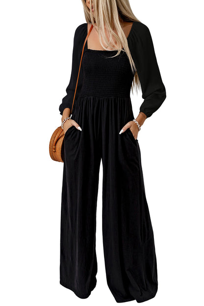 Smocked Square Neck Long Sleeve Wide Leg Jumpsuit | Black