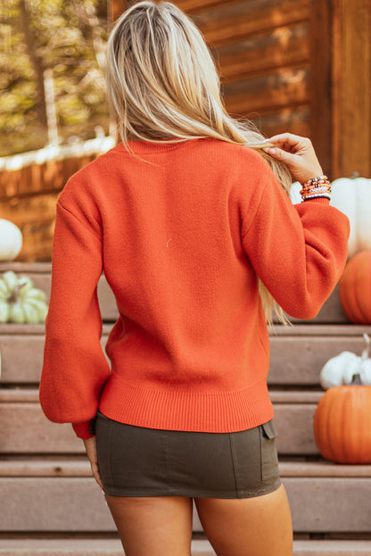 Halloween Pumpkin Face Pattern Drop Shoulder Sweater | Orange